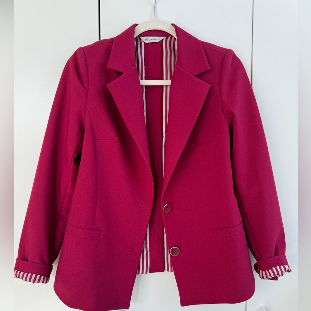 Chic Pink Blazer with Striped Lining